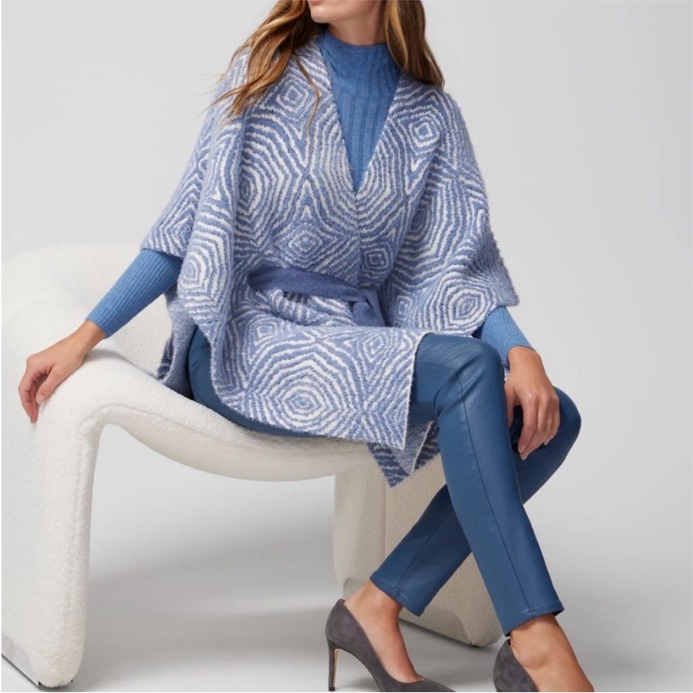 White House Black Market Blue and White Geometric Poncho winter cover up
